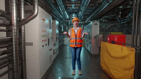 Wondering Female Engineer Saying Why In Engine Control Room Stock Footage 292370708