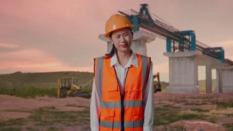 Wondering Female Engineer Working Doubtfully at Construction Site Stock Footage 330332281