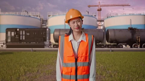 Wondering Female Engineer Working Doubtfully at Oil Refinery Stock Footage 340143008