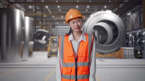 Wondering Female Engineer Working Doubtfully at Heavy Factory Stock Footage 340822581