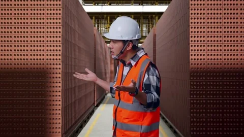 Wondering Male Engineer Saying Why Working Doubtfully With Brick In Stacks Stock Footage 303759914
