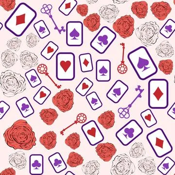 Wonderland pattern: cards, hat, keys and roses Stock Illustration