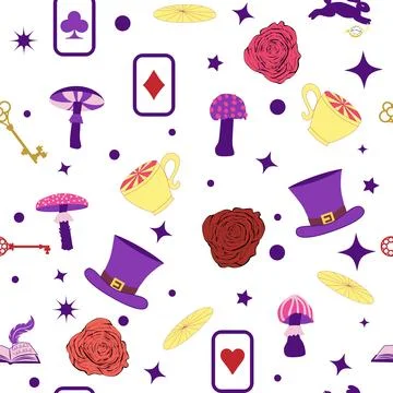 Wonderland pattern elements rabbit, Cheshire cat, flamingo cards hat cup an.. Illustrazione stock