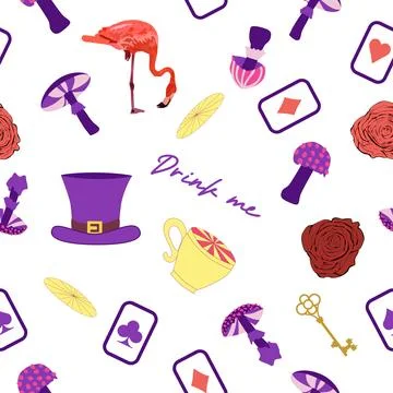Wonderland pattern elements rabbit, Cheshire cat, flamingo cards hat cup an.. イラスト素材