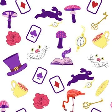 Wonderland pattern elements rabbit, Cheshire cat, flamingo cards hat cup an.. イラスト素材