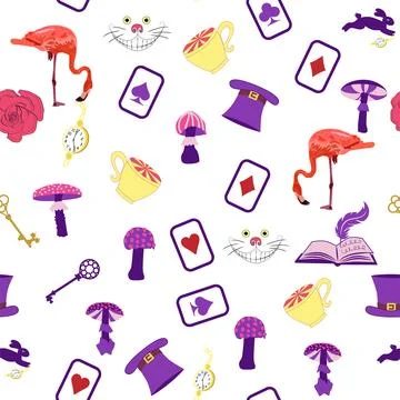 Wonderland pattern elements rabbit, Cheshire cat, flamingo cards hat cup an.. イラスト素材