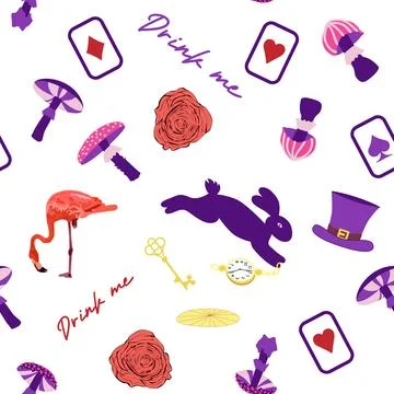 Wonderland pattern elements rabbit, Cheshire cat, flamingo cards hat cup an.. イラスト素材