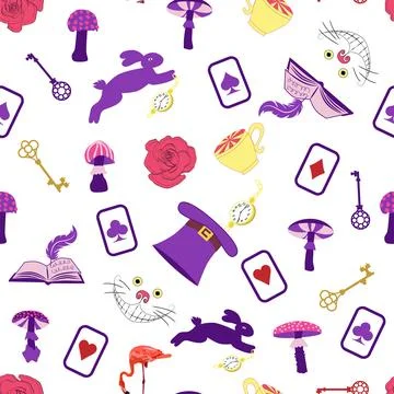 Wonderland pattern elements rabbit, Cheshire cat, flamingo cards hat cup an.. Illustrazione stock