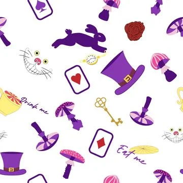 Wonderland pattern elements rabbit, Cheshire cat, flamingo cards hat cup an.. イラスト素材