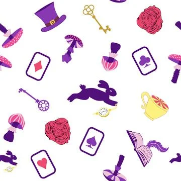 Wonderland pattern elements rabbit, Cheshire cat, flamingo cards hat cup an.. イラスト素材
