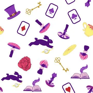 Wonderland pattern elements rabbit, Cheshire cat, flamingo cards hat cup an.. イラスト素材