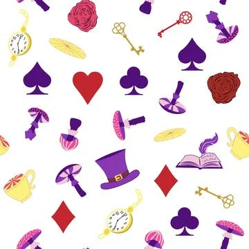 Wonderland pattern elements rabbit, Cheshire cat, flamingo cards hat cup an.. 스톡 일러스트