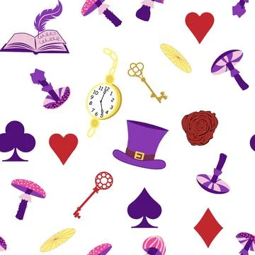 Wonderland pattern elements rabbit, Cheshire cat, flamingo cards hat cup an.. イラスト素材