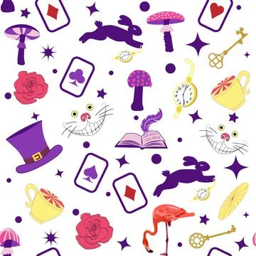 Wonderland pattern elements rabbit, Cheshire cat, flamingo cards hat cup an.. イラスト素材