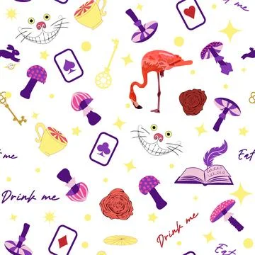 Wonderland pattern elements rabbit, Cheshire cat, flamingo cards hat cup and  스톡 일러스트