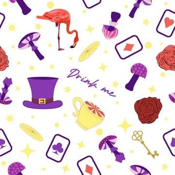 Wonderland pattern elements rabbit, Cheshire cat, flamingo cards hat cup and  Illustrazione stock