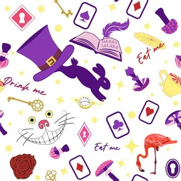 Wonderland pattern elements rabbit, Cheshire cat, flamingo cards hat cup and  스톡 일러스트