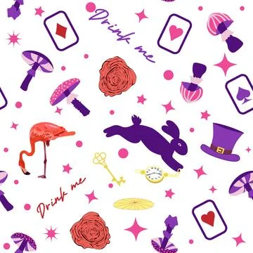 Wonderland pattern elements rabbit, Cheshire cat, flamingo cards hat cup an.. イラスト素材