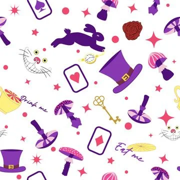 Wonderland pattern elements rabbit, Cheshire cat, flamingo cards hat cup and  イラスト素材