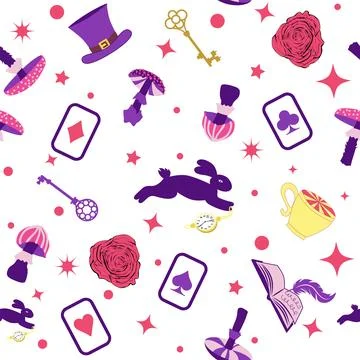 Wonderland pattern elements rabbit, Cheshire cat, flamingo cards hat cup an.. イラスト素材