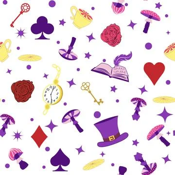 Wonderland pattern elements rabbit, Cheshire cat, flamingo cards hat cup and  스톡 일러스트