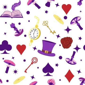 Wonderland pattern elements rabbit, Cheshire cat, flamingo cards hat cup an.. Illustrazione stock