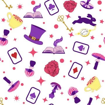 Wonderland pattern elements rabbit, Cheshire cat, flamingo cards hat cup and  イラスト素材