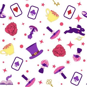 Wonderland pattern elements rabbit, Cheshire cat, flamingo cards hat cup an.. イラスト素材