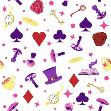 Wonderland pattern elements rabbit, Cheshire cat, flamingo cards hat cup an.. イラスト素材