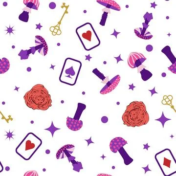 Wonderland pattern elements rabbit, Cheshire cat, flamingo cards hat cup an.. イラスト素材