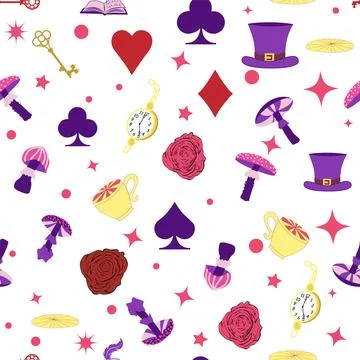 Wonderland pattern elements rabbit, Cheshire cat, flamingo cards hat cup an.. イラスト素材