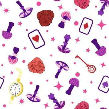 Wonderland pattern elements rabbit, Cheshire cat, flamingo cards hat cup and  Illustrazione stock