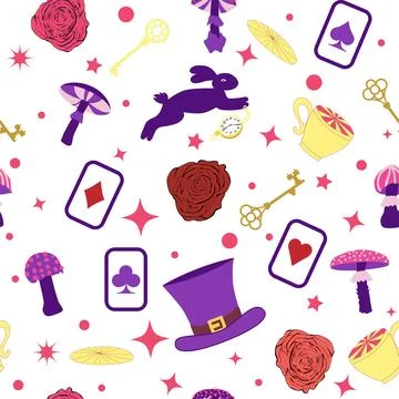 Wonderland pattern elements rabbit, Cheshire cat, flamingo cards hat cup an.. Illustrazione stock