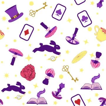 Wonderland pattern elements rabbit, Cheshire cat, flamingo cards hat cup and  イラスト素材