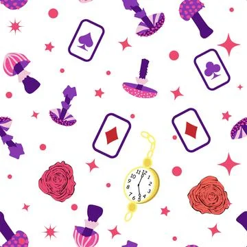 Wonderland pattern elements rabbit, Cheshire cat, flamingo cards hat cup an.. イラスト素材