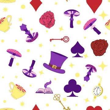 Wonderland pattern elements rabbit, Cheshire cat, flamingo cards hat cup an.. Stock Illustration