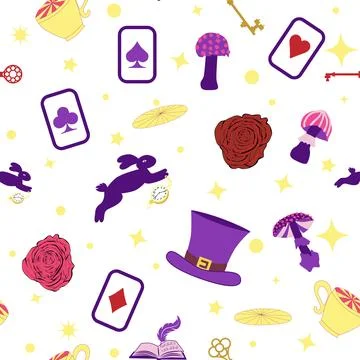 Wonderland pattern elements rabbit, Cheshire cat, flamingo cards hat cup an.. イラスト素材