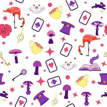 Wonderland pattern elements rabbit, Cheshire cat, flamingo cards hat cup an.. Stock Illustration