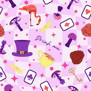 Wonderland pattern elements roses, rabbit, Cheshire cat, flamingo cards hat.. 스톡 일러스트