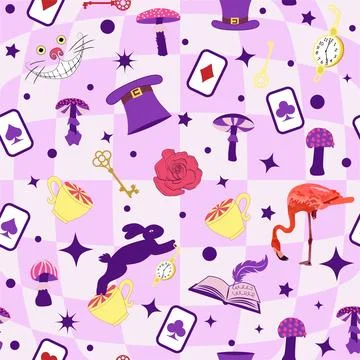 Wonderland pattern elements roses, rabbit, Cheshire cat, flamingo cards hat.. Stock Illustration