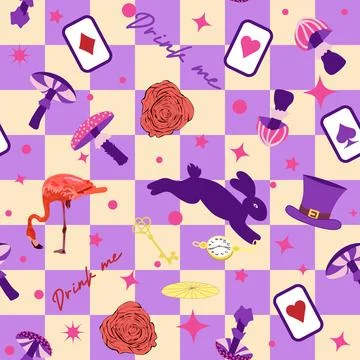 Wonderland pattern elements roses, rabbit, Cheshire cat, flamingo cards hat.. 스톡 일러스트