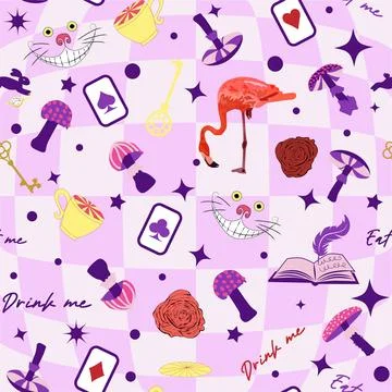 Wonderland pattern elements roses, rabbit, Cheshire cat, flamingo cards hat c Illustrazione stock