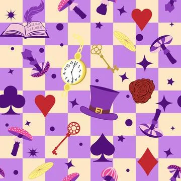 Wonderland pattern elements roses, rabbit, Cheshire cat, flamingo cards hat c Illustrazione stock