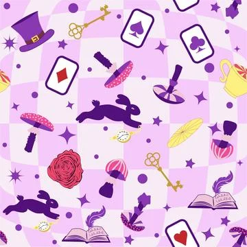 Wonderland pattern elements roses, rabbit, Cheshire cat, flamingo cards hat.. 스톡 일러스트