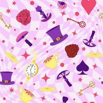 Wonderland pattern elements roses, rabbit, Cheshire cat, flamingo cards hat.. Illustrazione stock