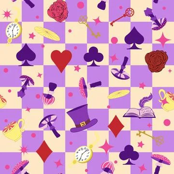 Wonderland pattern elements roses, rabbit, Cheshire cat, flamingo cards hat.. イラスト素材