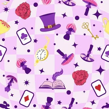 Wonderland pattern elements roses, rabbit, Cheshire cat, flamingo cards hat c Stock Illustration