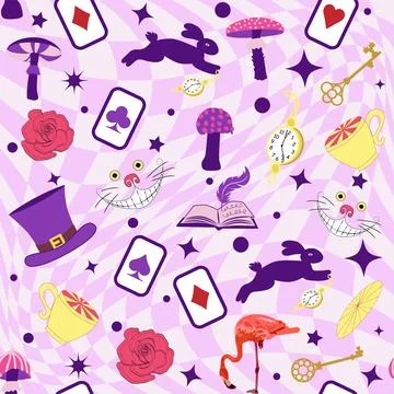 Wonderland pattern elements roses, rabbit, Cheshire cat, flamingo cards hat c 스톡 일러스트
