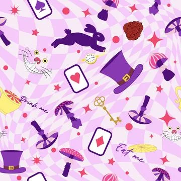 Wonderland pattern elements roses, rabbit, Cheshire cat, flamingo cards hat.. 스톡 일러스트