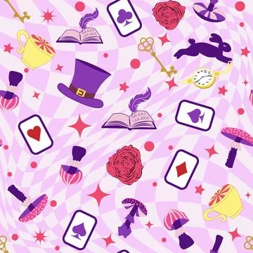 Wonderland pattern elements roses, rabbit, Cheshire cat, flamingo cards hat.. Illustrazione stock
